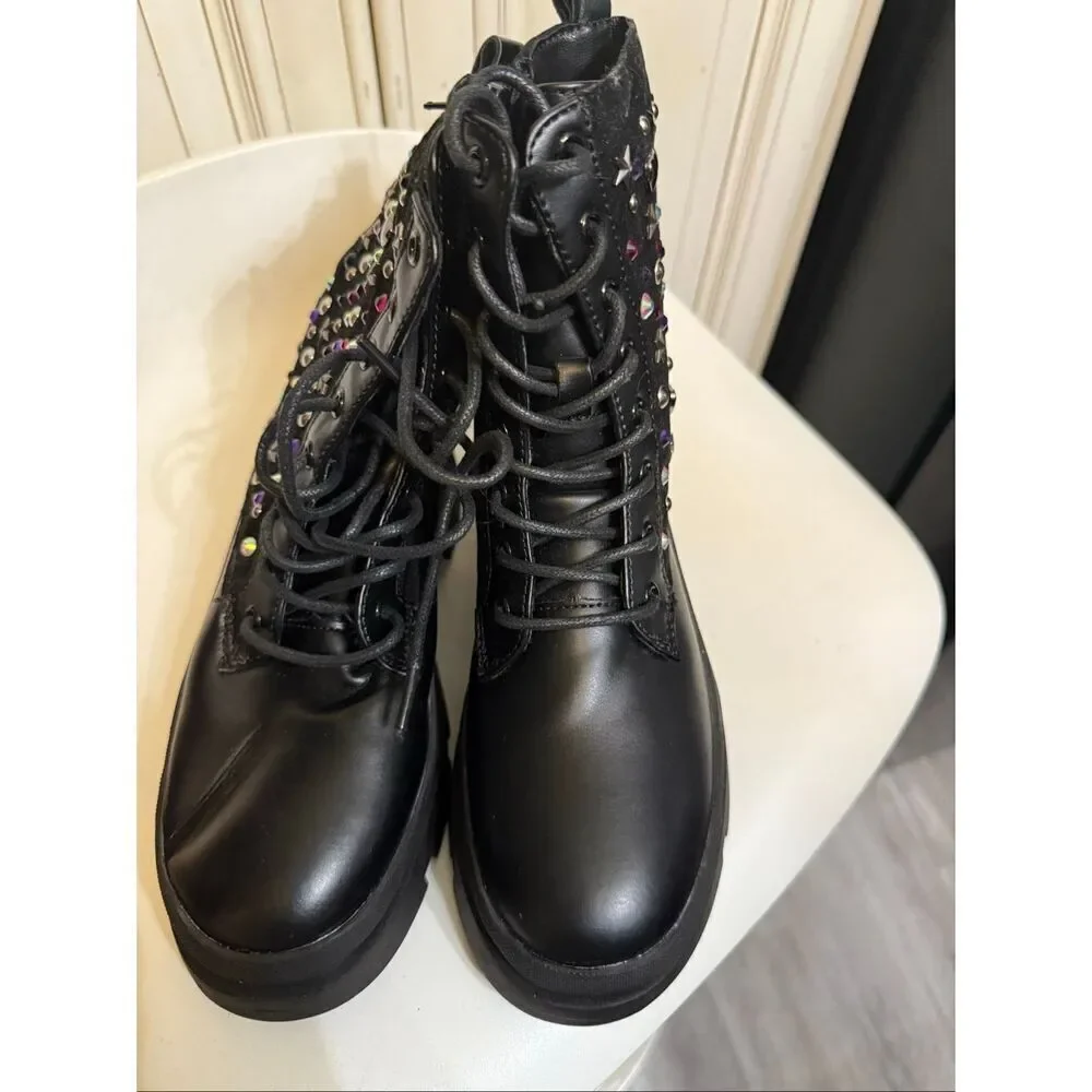 Steve Madden Kids' JKrissen Glitter Stud Embellished Combat Boots Black Size 2